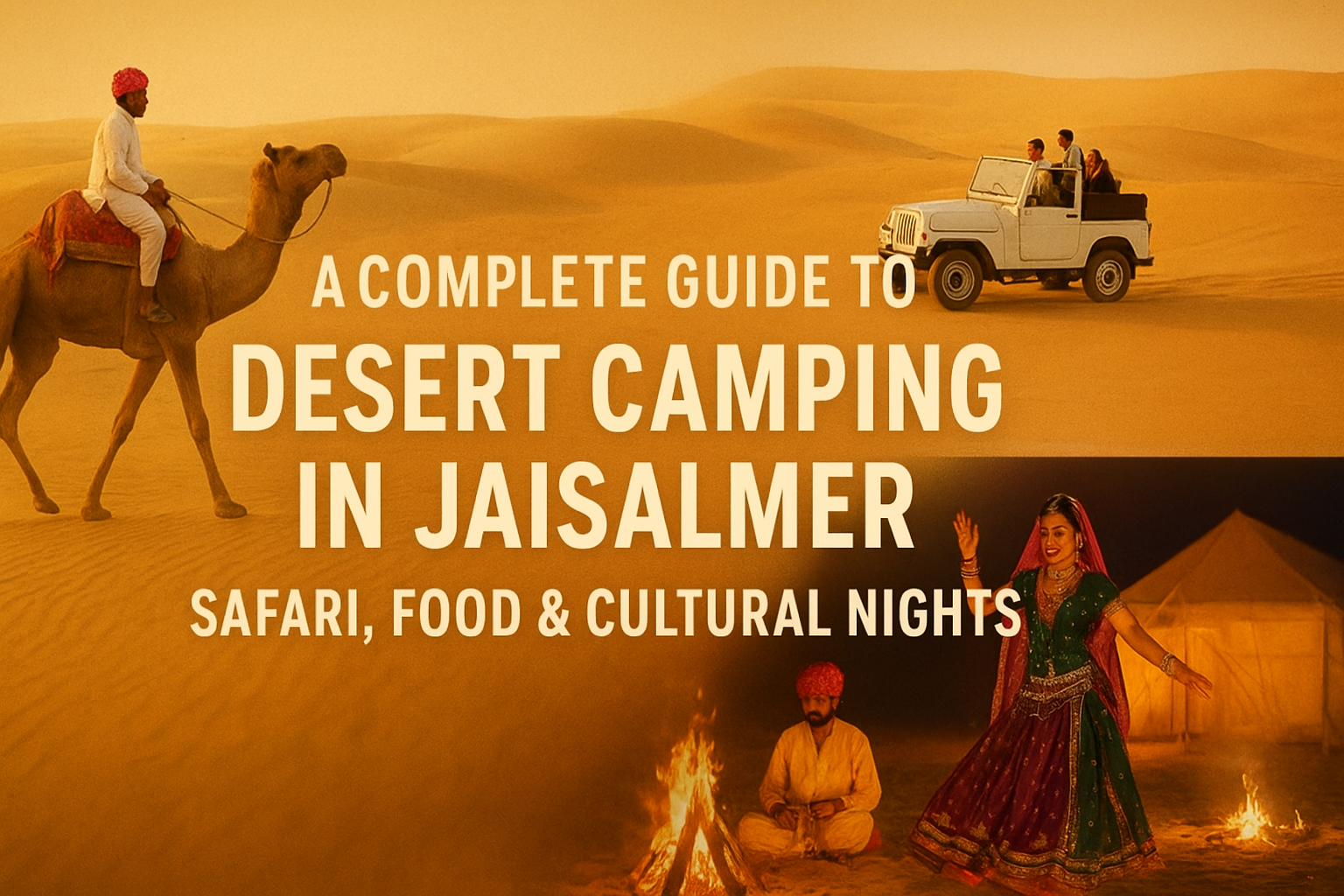 A complete guide to desert camping in Jaisalmer with camel safari, jeep safari, and cultural night at Shourya Desert Camp.