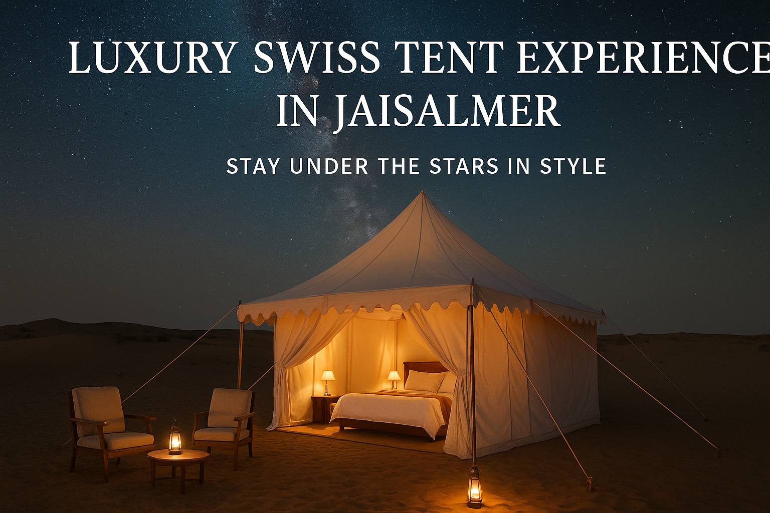 Luxury Swiss tent in Jaisalmer under starry night sky – premium desert camping near Sam Sand Dunes