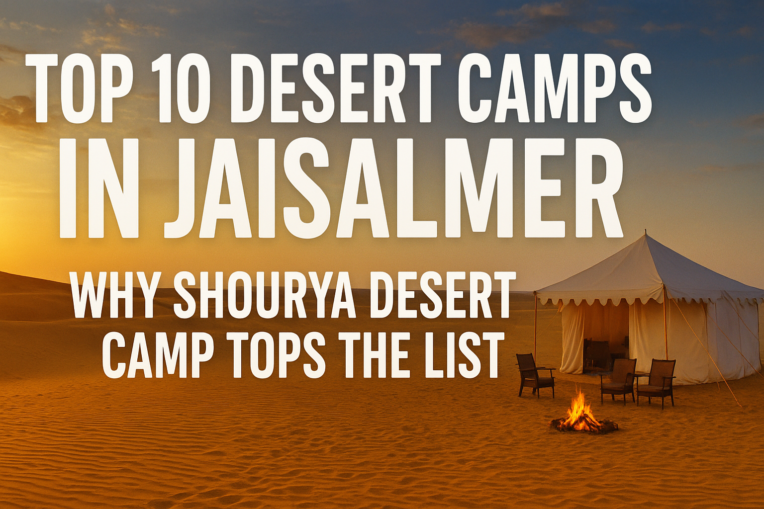 Top 10 Desert Camps in Jaisalmer – luxury tent setup at sunset in Sam Sand Dunes showing why Shourya Desert Camp is ranked the best desert camp in Jaisalmer.